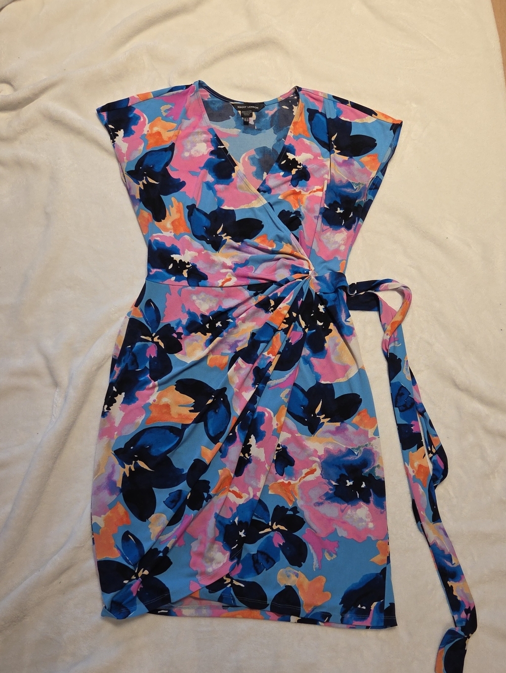 Maggy London Blue and Pink Floral Wrap Dress